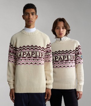 Pánské Jumpers Napapijri Horlick Crew Neck Jumper Bílé Béžový | 67NGKVOSC