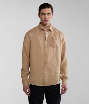 Pánské Košile Napapijri Linen Long Sleeve Shirt Béžový | 35FAVWXZU