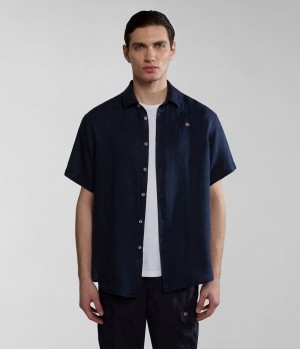 Pánské Košile Napapijri Linen Short Sleeve Shirt Tmavě Blankyt | 81YUHXIGL